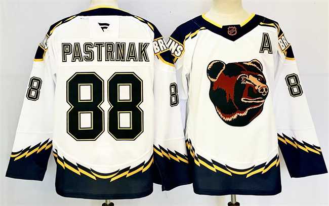 Mens Boston Bruins #88 David Pastrnak White 2024-25 With A Patch Reverse Retro Home Stitched Hockey Jersey